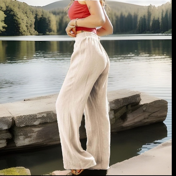 Linen Drawstring High Waisted Casual Loose Fit Wide Leg Stretchy Long Leg Pants - Picture 11 of 15